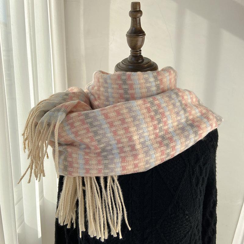 Rainbow Plaid Scarf for Women Winter Korean Version Sweet Soft Girl Student Versatile High End Scarf Thickened Warm Shawl