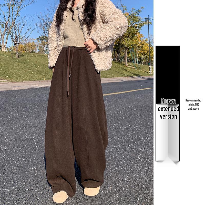 Women's Fleece-Lined Off-White Glutinous Rice Wide-Leg Pants, High-Waisted, Loose-Fit, Slimming, Petite, Autumn/Winter.