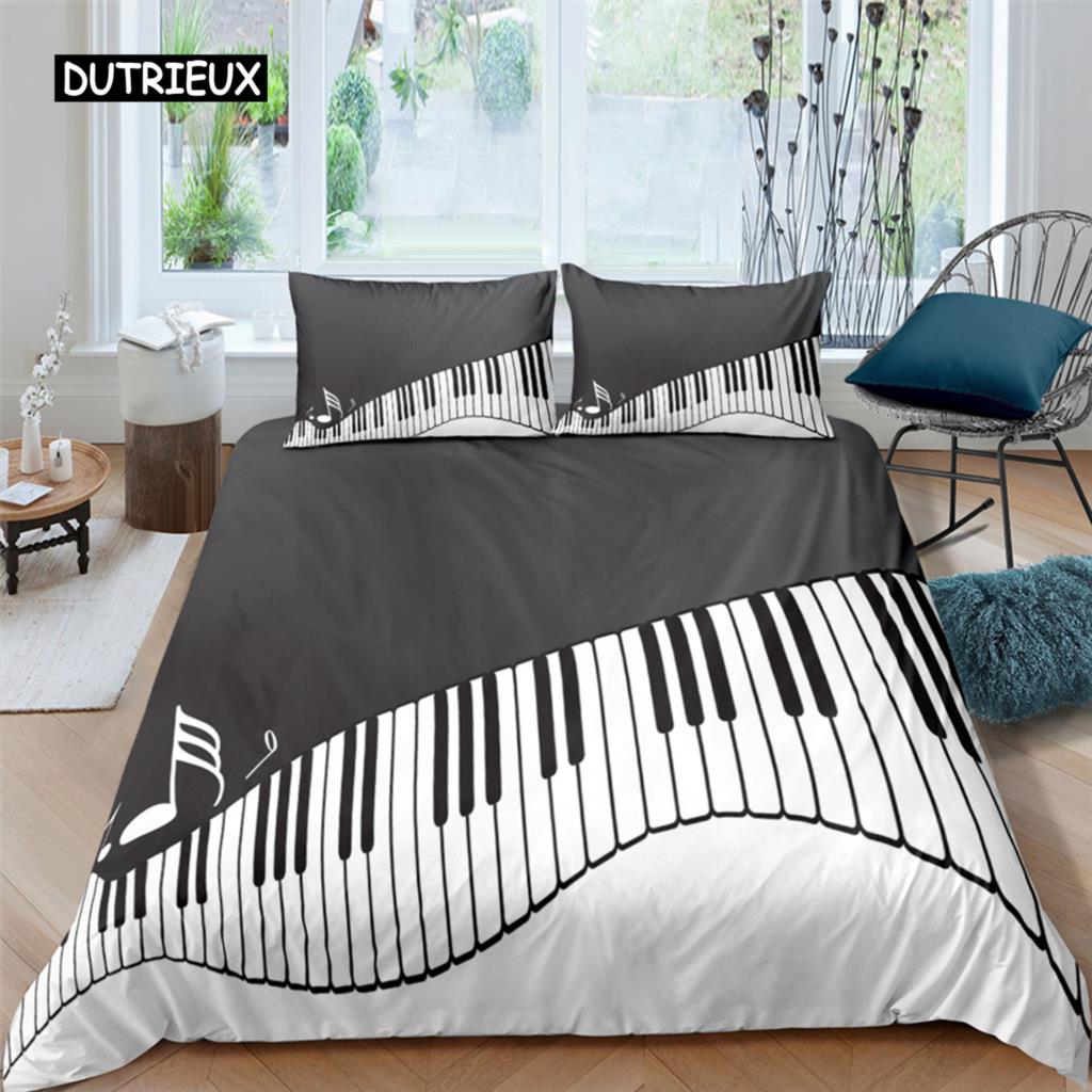 Piano Keys King Queen Duvet Cover 3D Cartoon Musical Notes Bedding Set for Kids Teens Adult Fashion Music Polyester Quilt Cover