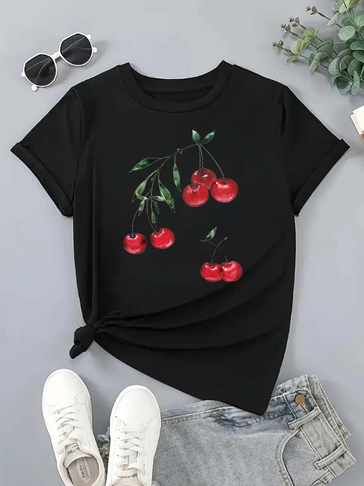 Lustiges rotes Kirschen-Print Damen T-Shirt 90er Jahre Mädchen Lässiges Kurzarm O-Ausschnitt Oberteil für Sommer Damenkleidung Oberteile