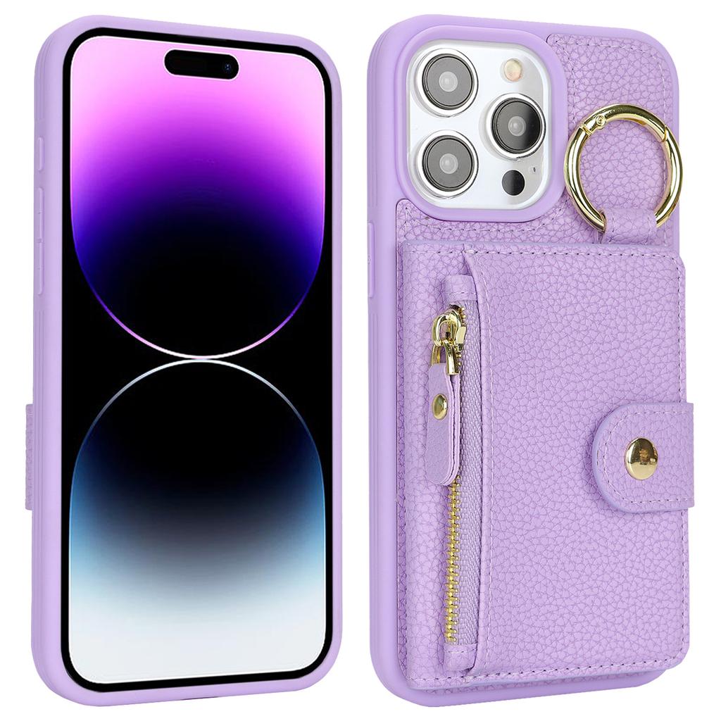 For iPhone 14 Pro Max Case Litchi Textured PU Leather + TPU Kickstand Phone Cover with Card Slot