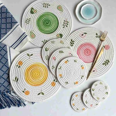 11/18/30cm Insulation Pot Mat Woven Cotton Rope Placemat Creative Printing Coaster Round Household Table Plate Mat Shooting Mat