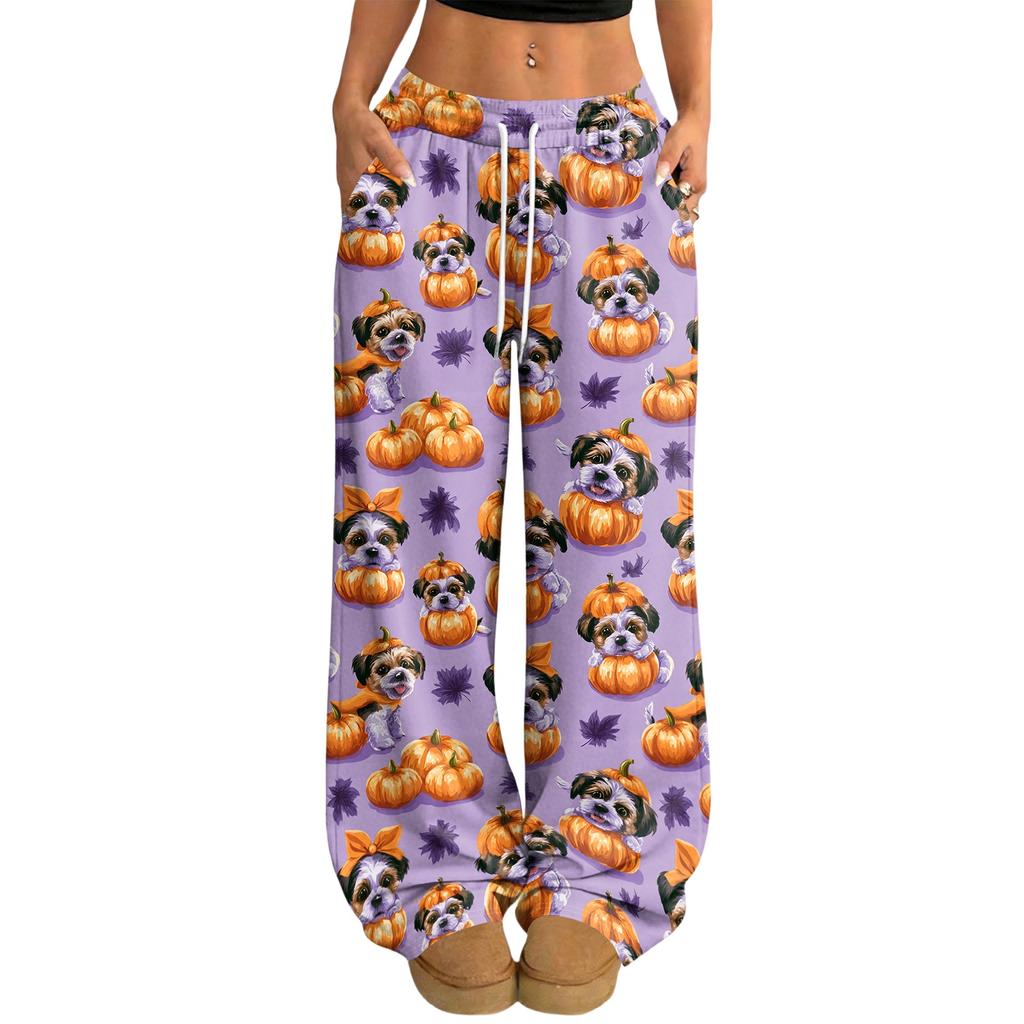 Women's Halloween Print Casual Wide Leg Pants with Drawstring Elastic Waist for Holiday Parties