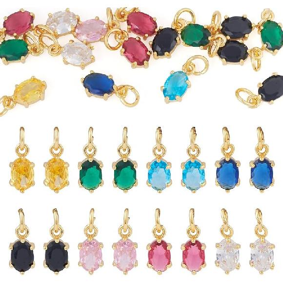 Pandahall 12Pcs 18K Gold Plated Rectangle Charms Cubic Zirconia Birthstone Charms Brass Crystal CZ Stone Pendants with Jump Ring for Jewelry Making