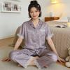 Light Luxury Style Ice Silk Girl Pajamas Summer Short Sleeves Trousers Cool Jacquard Lace Lace Loungewear
