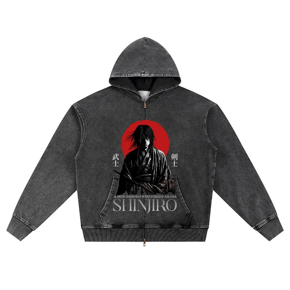 DTG print Knitted Denim Zip-Up Hoodie A True Samurai Brother Print Zipper Hoodies