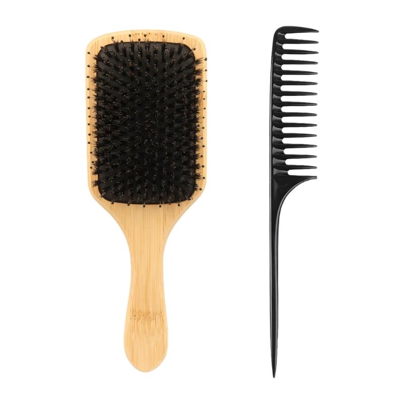 Boar Bristles Hairbrush With Comfortable Air Cushions Base And Wooden Grip For Healthy Hair Growth 1
