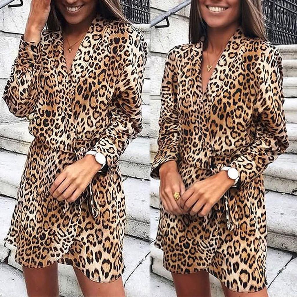 Women Slim Long Sleeve Leopard Printing V-Neck Bandage Irregular Dress