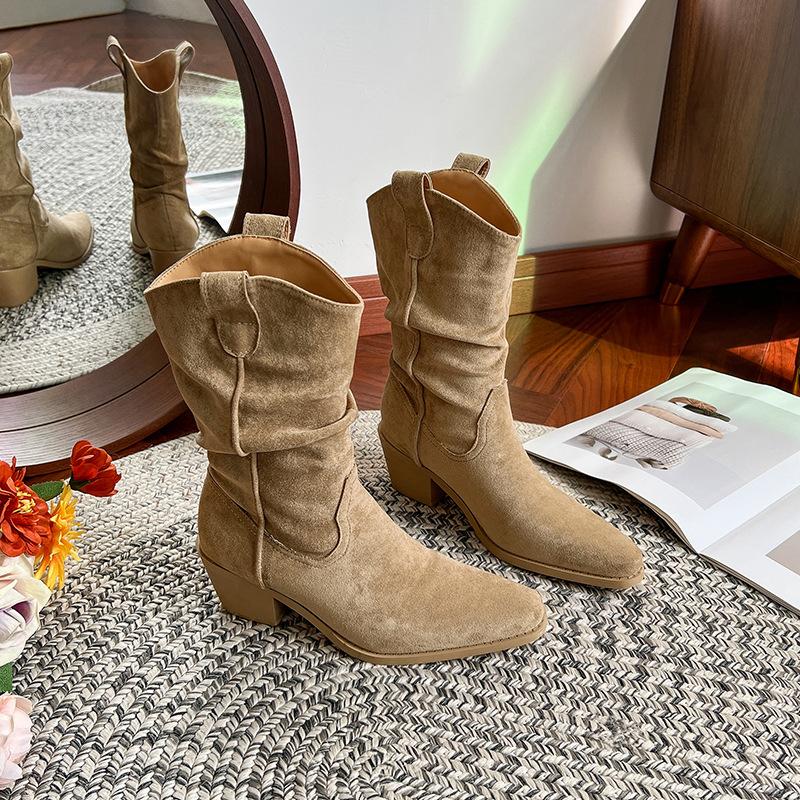 Large size -4 cowboy boots women's autumn new pointed thick heel pleated stack short Martin boots knight boots