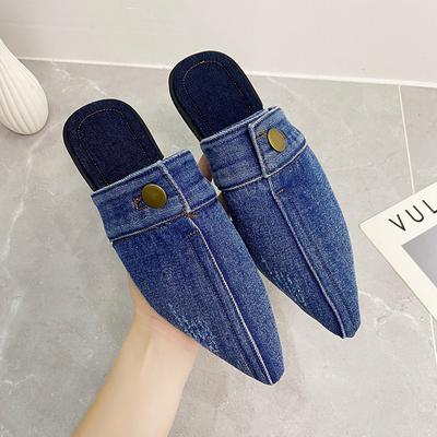 Washed Denim Flat-bottomed Bag Head Slippers Women Wear Large Size Pointed Muller Half Drag Single Shoes Wish