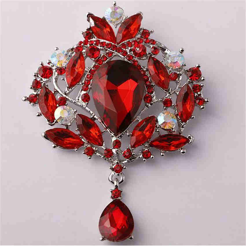 Fashion Females Glass Teardrop Pendant Gorgeous Flower Shape Large Drop Brooch Pin
