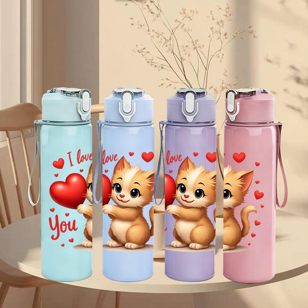 1PC I Love You Valentine Kitten 750ml Color Plastic Sports Water Bottle Leakproof Flip Straw Lid Suitable for Sports Office Home Use