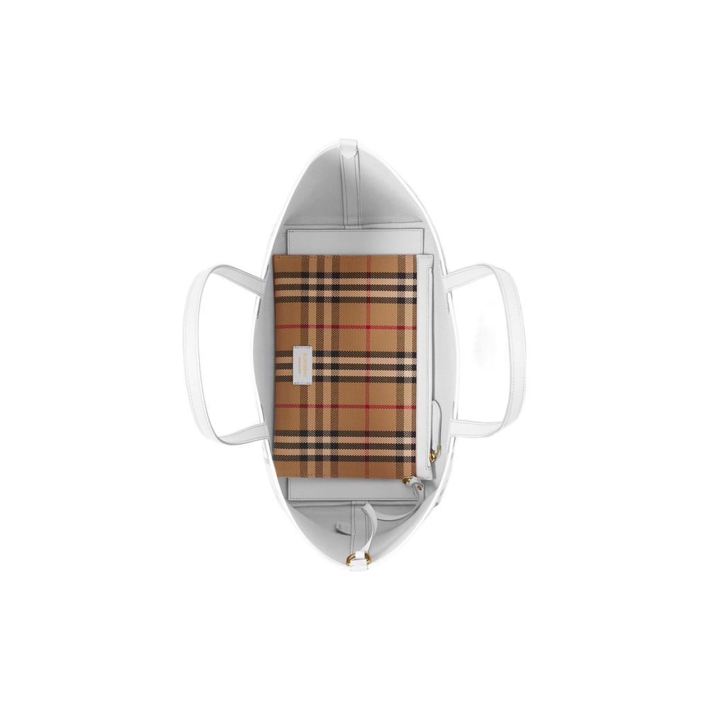 Burberry London Abnehmbare Reißverschluss-Aufbewahrungstasche Offenes Design Leder Leinwand Tragetasche Einkaufstasche Handtasche Klein Damen-Tote Beige Weiß 80723311