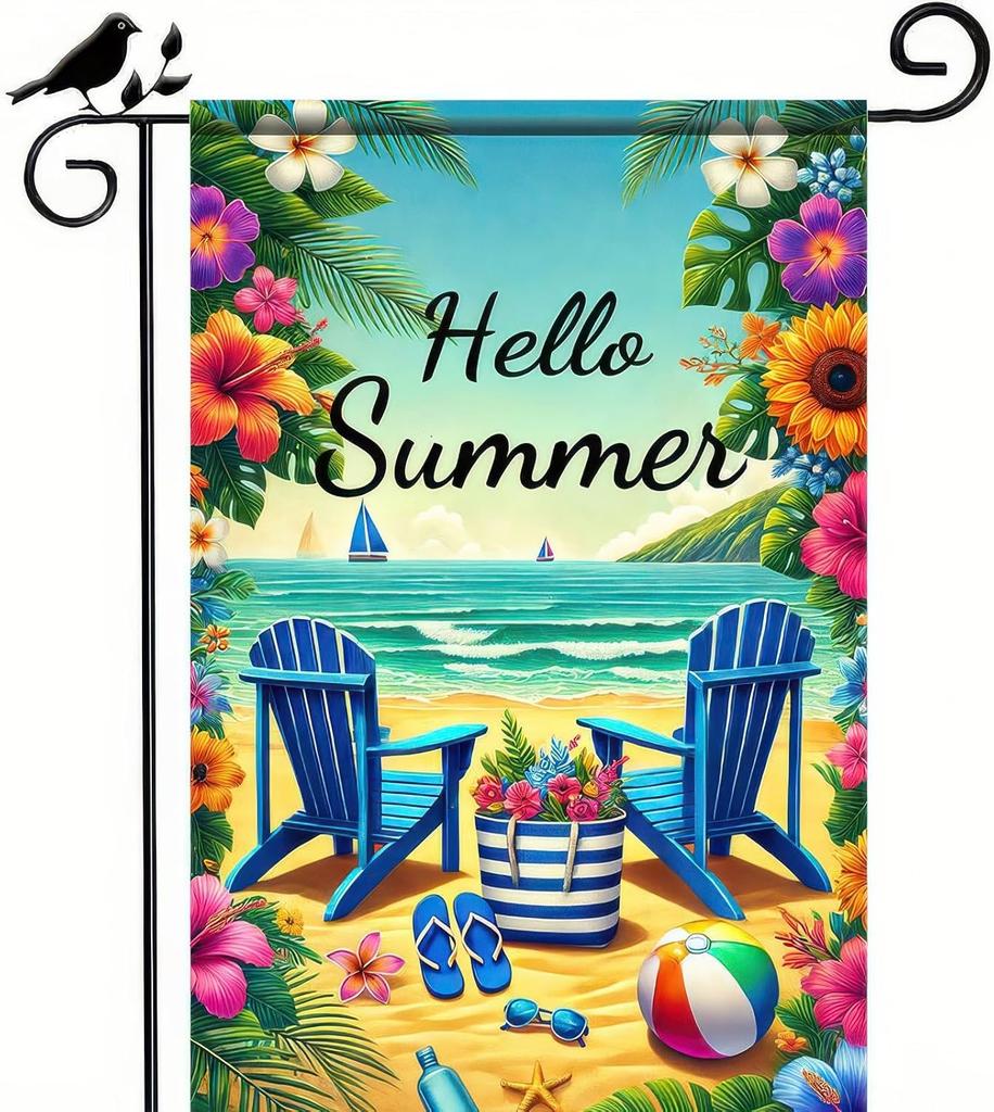 BlissYard Hello Summer Garden ag Beach Chair Sunset Sea 12x18 Inch Double Sided Welcome Small Seasonal Holiday Yard Outdoo SSL