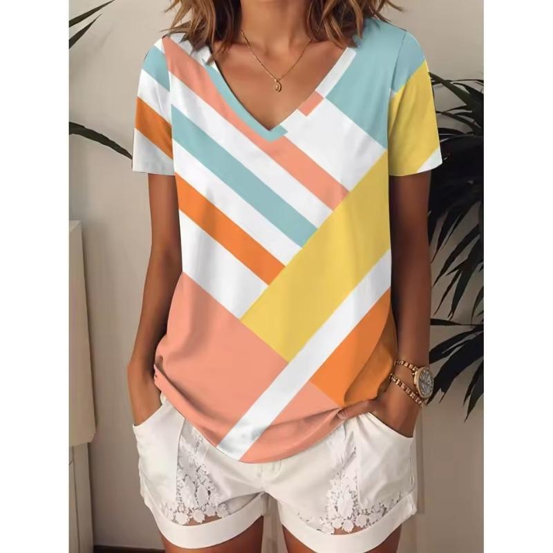 Women's T-Shirts 3D Geometric Color Blocks Graphics Fashion Short Sleeved V-Neck Regular Tops Daily Prints Tee Summer Casual Tops