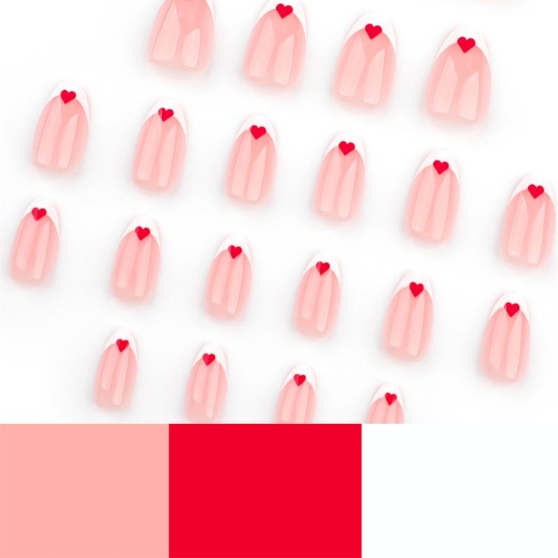 Valentinstag Press-on-Nägel Kurz Mandel Falsche Nägel Weiße French Tips Mit Herz-Designs Nagelzubehör Für Frauen