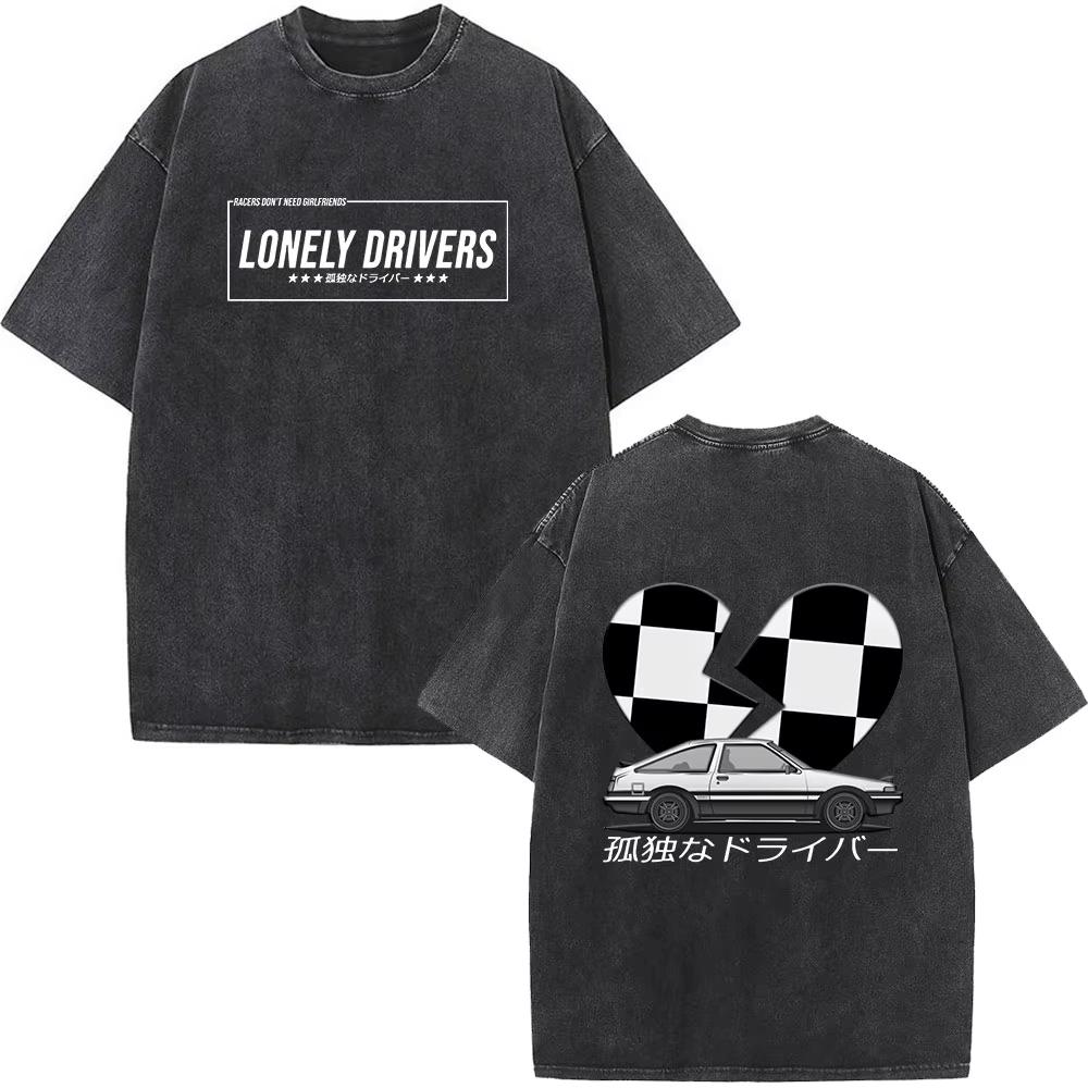 Initial D AE86 JDM Drift T-Shirt Vintage Washed Cotton Graphic Tee Men Unisex Oversized Crew Neck Short Sleeve Retro Streetwear Top Car Merch Gift