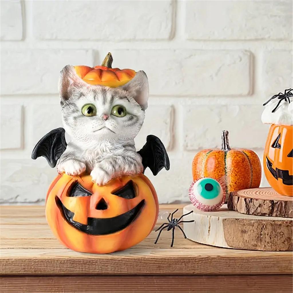 Halloween Pumpkin Decorations Resin Pumpkin Figurines with Cat Table Centerpieces for Outdoor Indoor Fairy Garden Decors