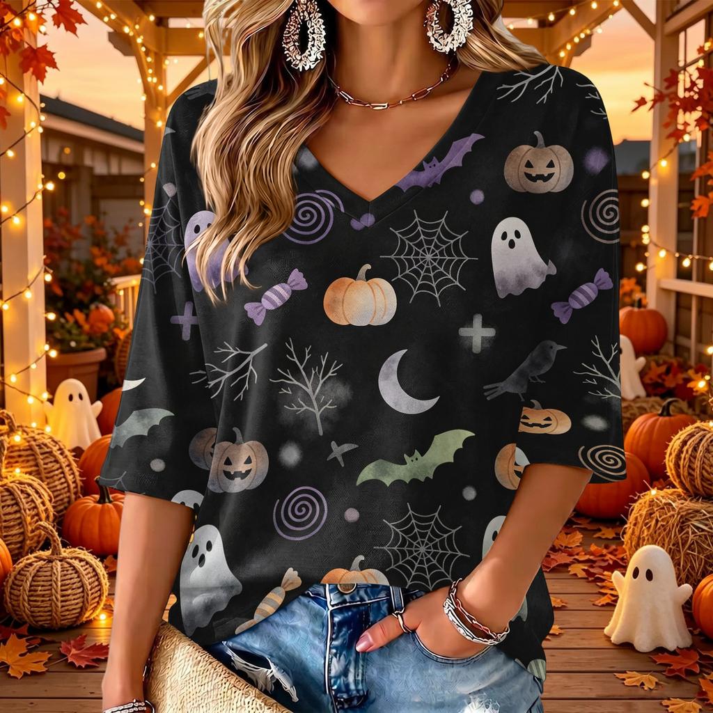 Women's V-Neck Three-Quarter Sleeve Casual Top with Halloween Print for Holiday Parties and Everyday Wear