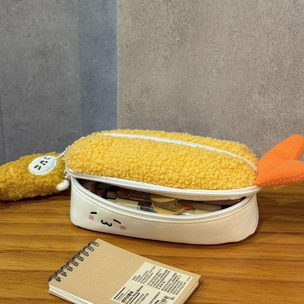 Cartoon Pen Bag Fried Shrimp Shape Large Capacity Pencil Case Double Layers Stationery Bag Gift