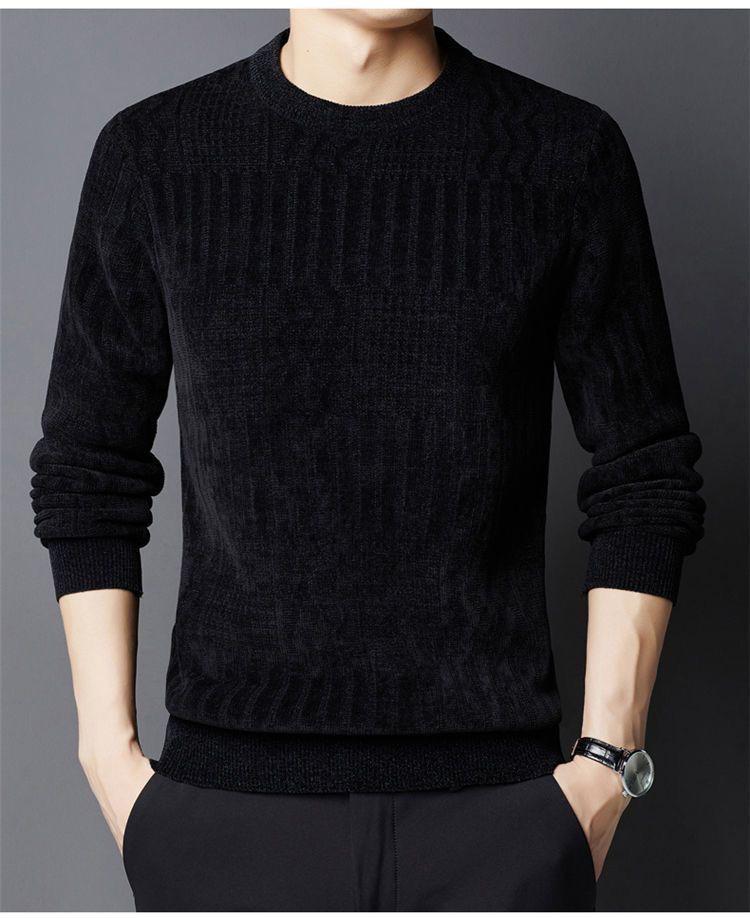 Mid-aged Men's Fleece-lined Warm Chenille Round Neck Base Layer Knitwear for Autumn/Winter