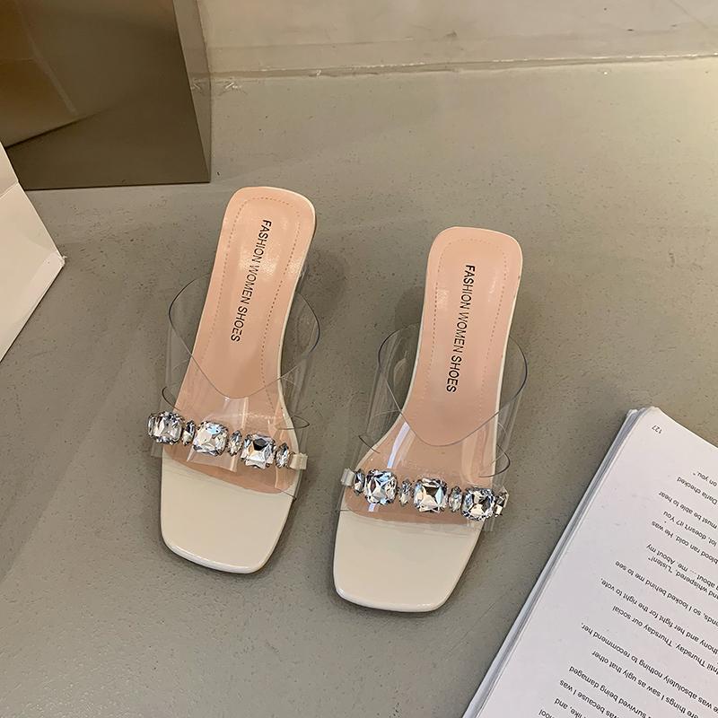 Mode Damenmode Klobige Hausschuhe Sommer Neu Eckige Zehenpartie Offene Zehen Pailletten Transparenter Riemen Linienriemen Rutschfeste Sandalen