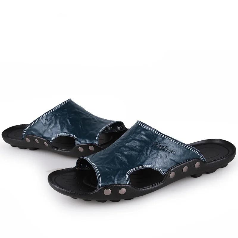 Fashion Big Size Men Slippers Summer Fashion Genuine Leather Casual Slides Street Fashion Beach Shoes Black Cow Leather Sandals