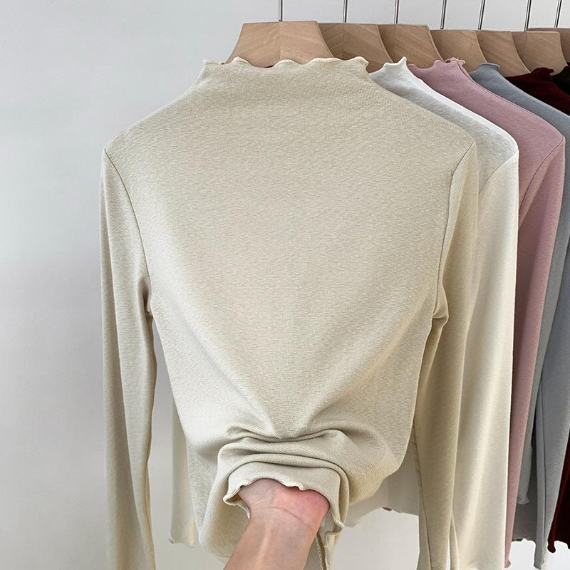 

Semi-turtleneck wavy edge long-sleeved knitted bottoming shirt women s spring, autumn and winter inner top temperament slim-fitting sweater XL абрикосовий