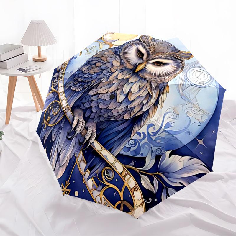 1 Stück Sternennacht Eule Automatisches Aufklapp-Regenschirm - 3-fach Design, 8-Speichen Eisenrahmen, Outdoor, Festliches Geschenk für Fans, Reisende, Tägliche Nutzung.SS058