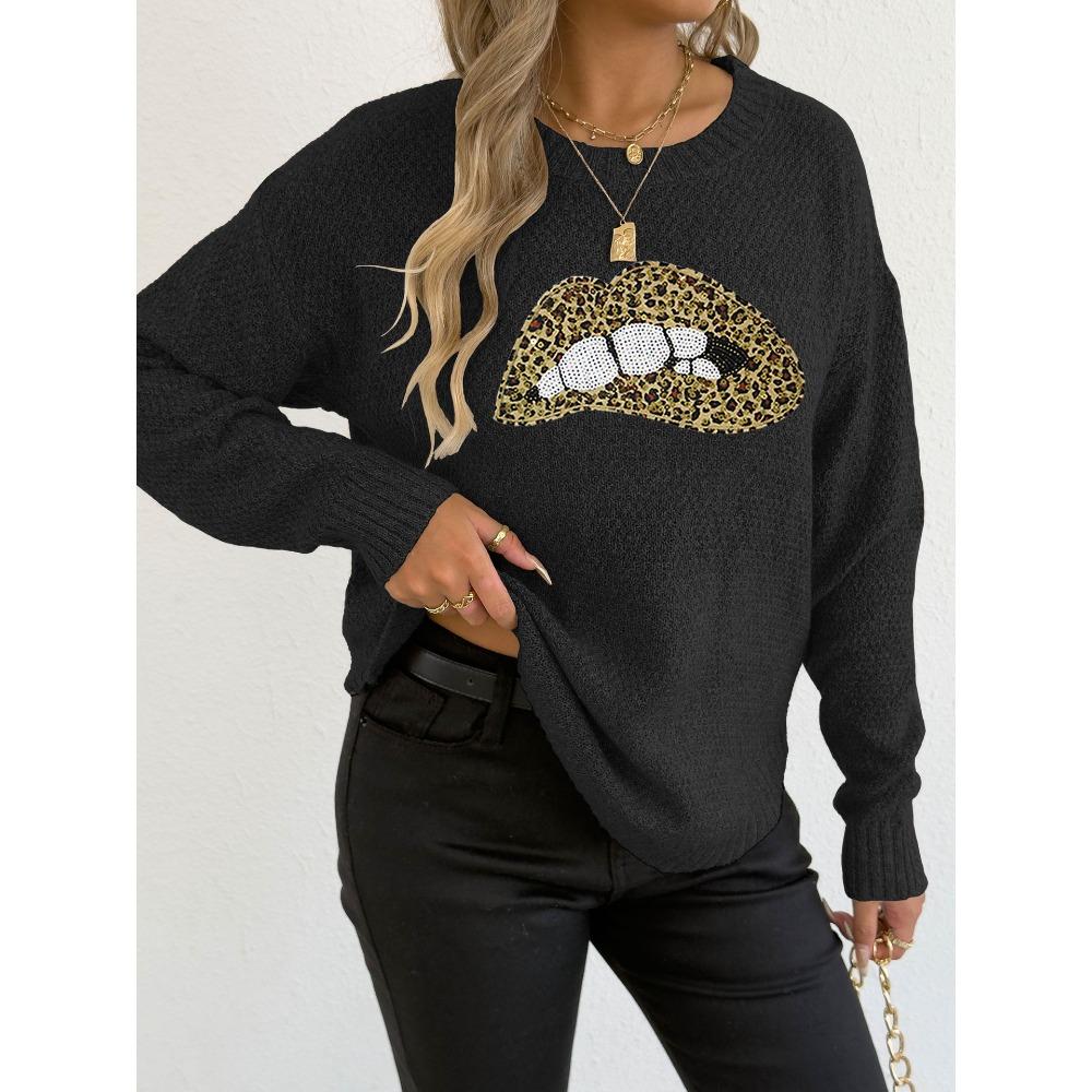 Women’s Leopard-Print Embroidered Sequinned Lips Statement Round-Neck Pullover