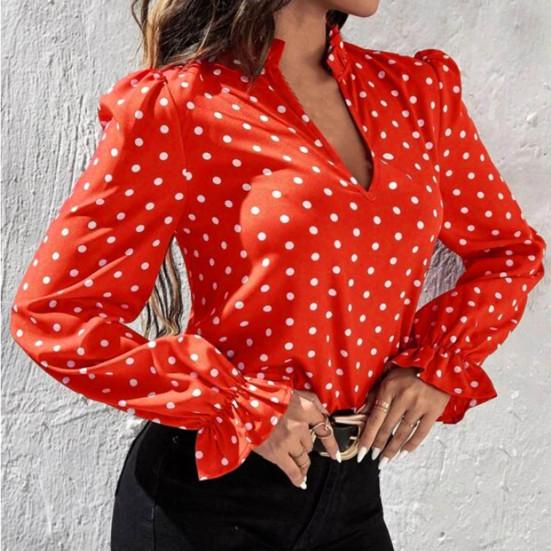 

Женская рубашка с принтом в горошек и V-образным вырезом, облегающая уличная одежда с длинными рукавами XL красный