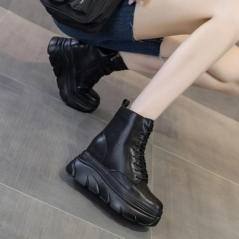 Fashion Women White Ankle Boots Increase Height Thick Sole Winter Outdoor Leisure Shoes For Girls Spring Autumn Motorcycle Booties Mujer