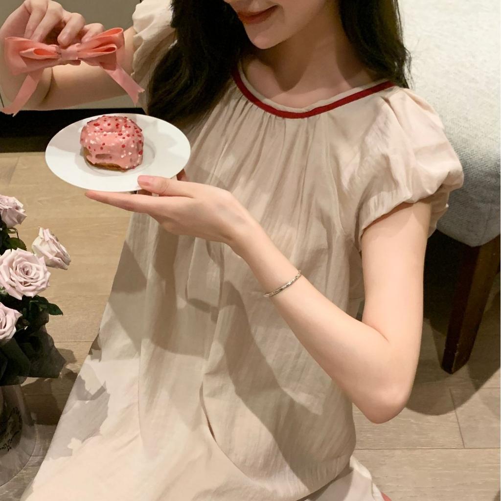 [Casual Minor] Cotton Dress Sweet Vacation Style Loose Nightdress Backless Lace Contrasting Color Silkworm Weisi