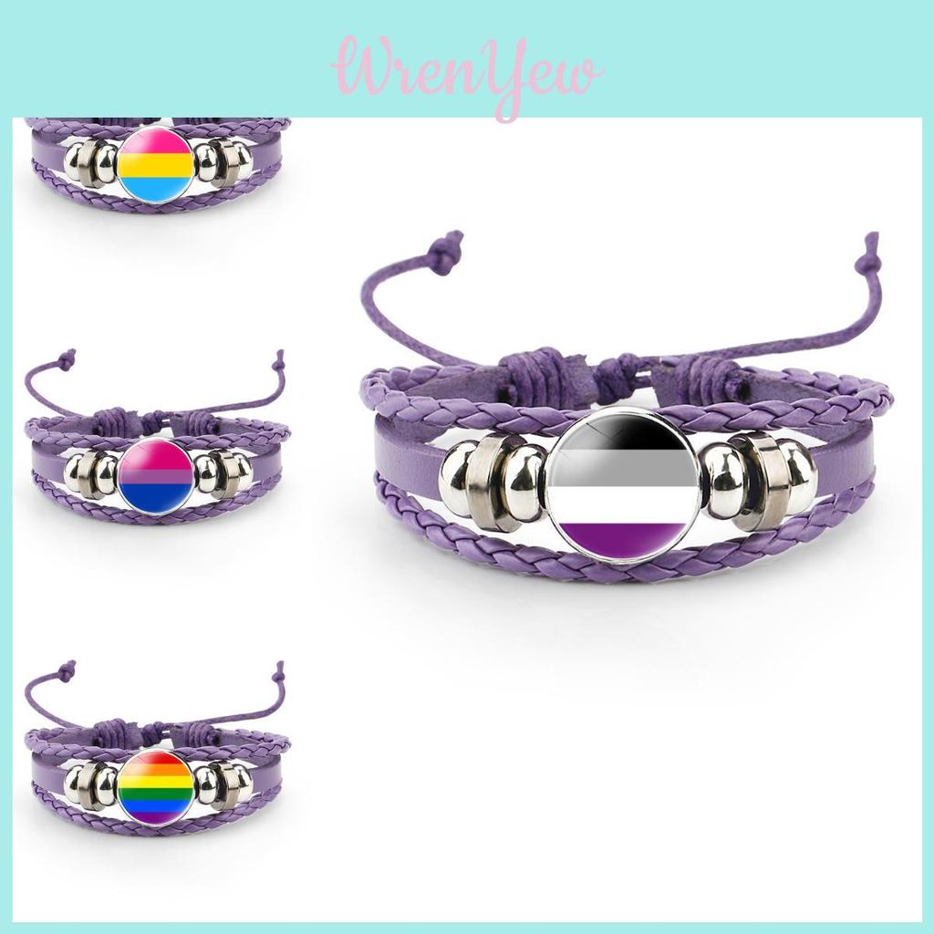 Unique Purple Leather Bracelet With Rainbow Flag Time Gemstone For Men And Women