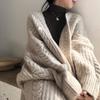 Strikket Cardigan for Dame Høst og Vinter Retro Ledig Løstsittende Mellomlang Mote Vridningsgenser Jakke