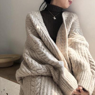 Gestrickte Strickjacke für Damen Herbst und Winter Retro Lässig Locker Mittellang Mode Zopf Pullover Jacke