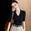 French Premium Black V-Neck Medium Sleeve T-Shirt Women's Summer Design Spice Girl Slim Waist Short Half-Sleeve Top