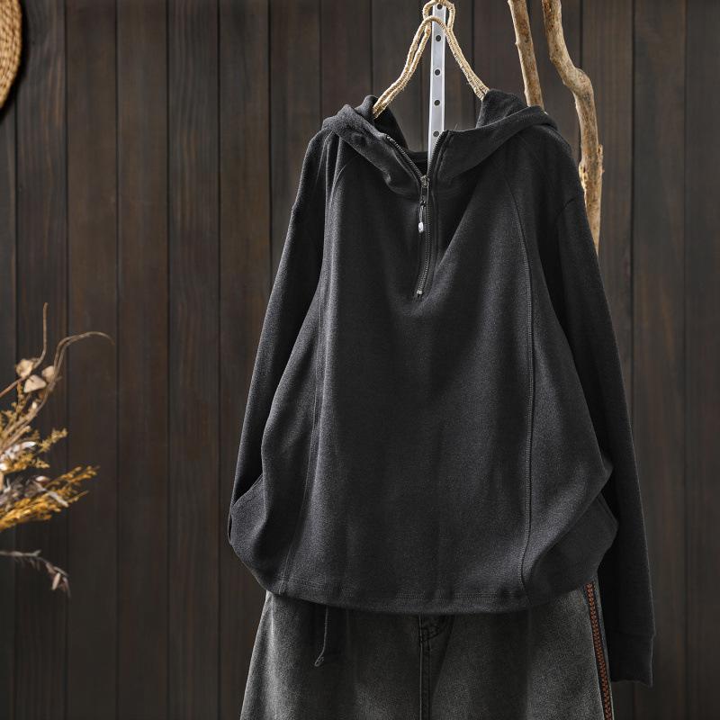 Autumn/Winter Half-Zip Stretchy Hooded Pullover Top
