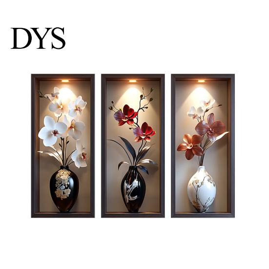 Easy Install Wall Sticker 3 Pcs 3D Vase Stickers Vintage Flower Art Space Extension Self-Adhesive Colorful Floral Blossom Decals for Bedroom