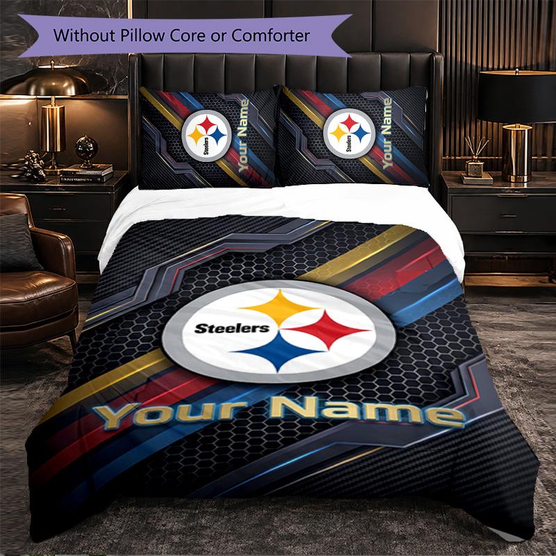 Pittsburgh Steelers Customized Name Text Bedding Set, 1 Duvet Cover & 2 Pillowcases Personalized Bedroom Gift