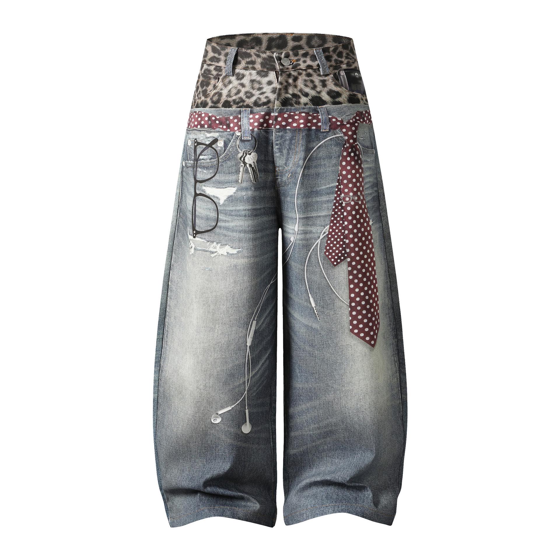 

Spring 26: American Street Trend High Street Print Denim Pants for Men & Women Large синий