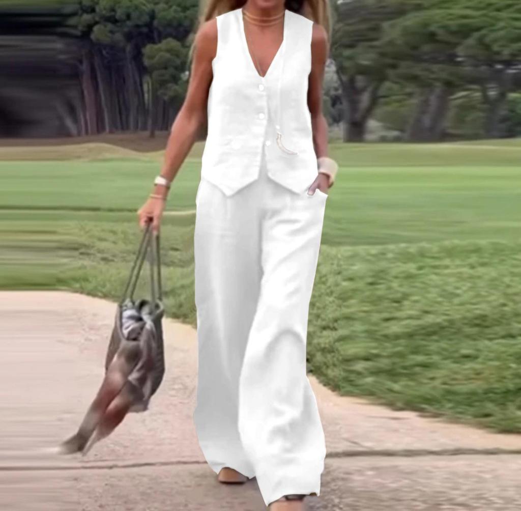 2025 Women's Fashion: European & American Solid Color Vest and Long Pants Two-Piece Casual Set