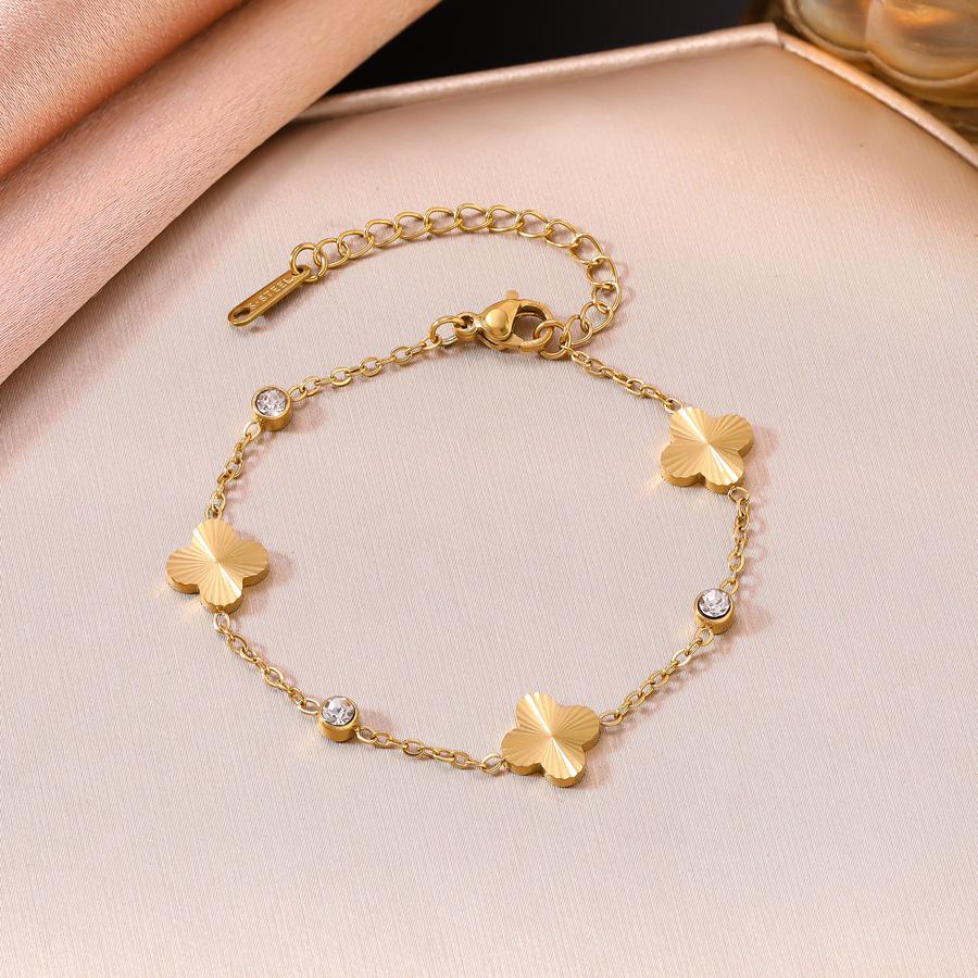 18K Gold Stainless Steel Five-Petal Zircon Flower Jewelry Set for Women (Bracelet, Necklace, Earrings)
