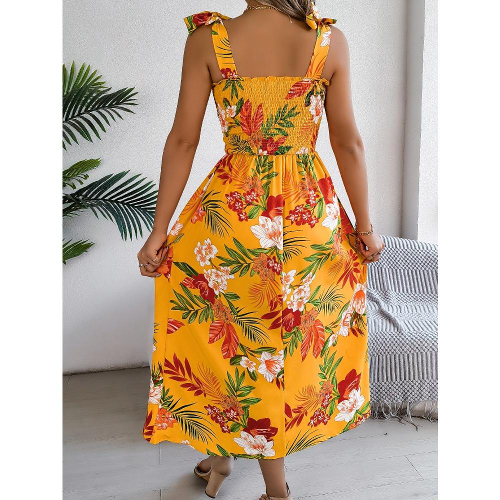 Frühlings- und Sommer-Blumen-Bindegürtel-Trägerrock Urlaub Strand Langer Rock Mode Damen Langer Rock