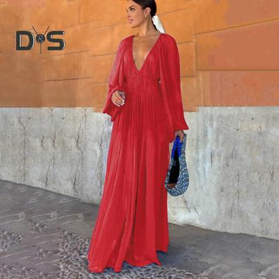 Women Evening Dress Deep V Neck Pleated Long Sleeves Solid Color High Waist Vacation Beach Party Maxi Dress Prom Long Dress