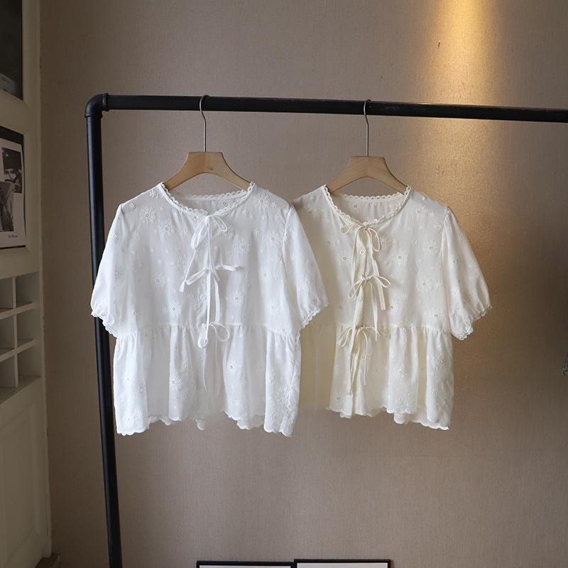 Bi Zheng 2025 Hollow Lace Puff Sleeve Embroidered Shirt for Women