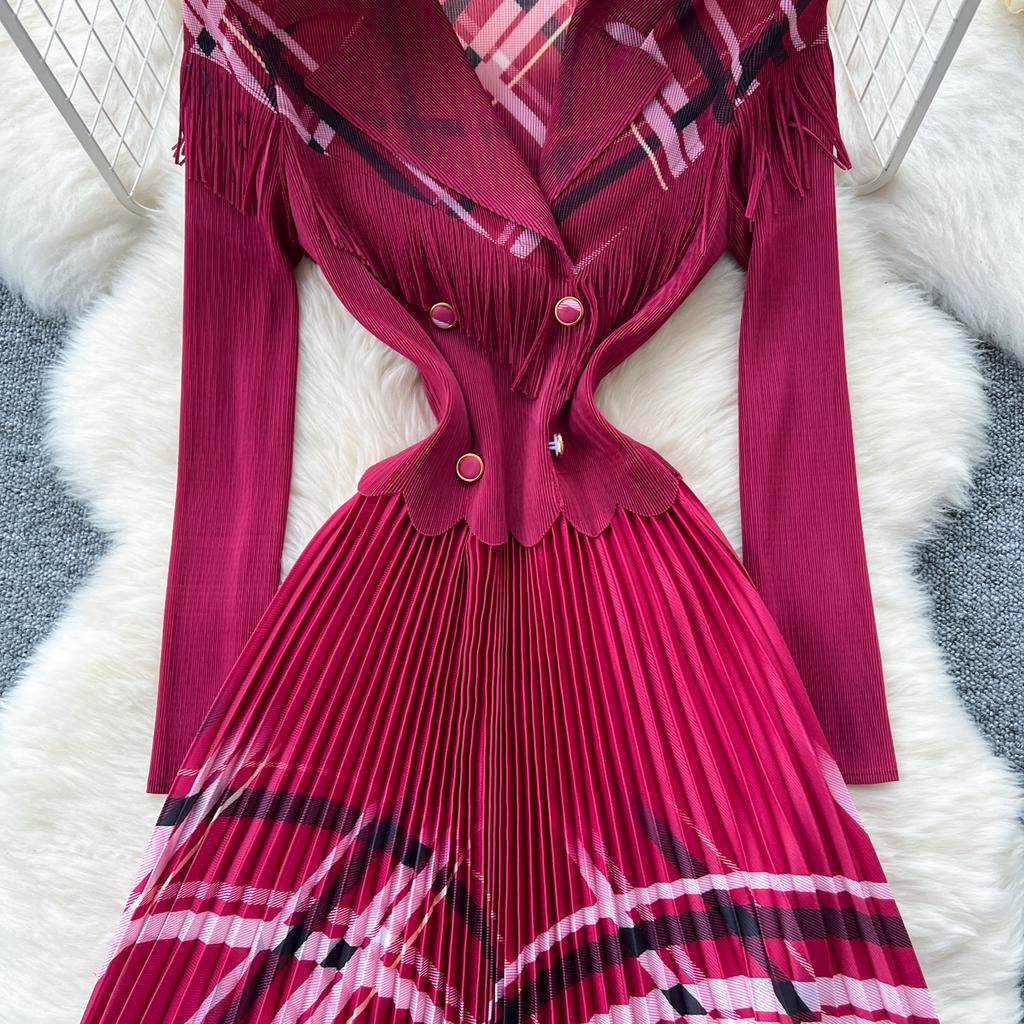 Frühling Herbst Damen Elegant Blazerkragen Zweireihig Druck Büro Party Lang Maxi Plissee Kleider