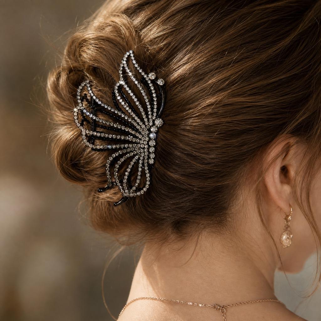 Große Metall-Haarklammer für Damen High-End-Design Strass Schmetterling Stil Haaraccessoires für Hochsteckfrisuren und Haarstyling