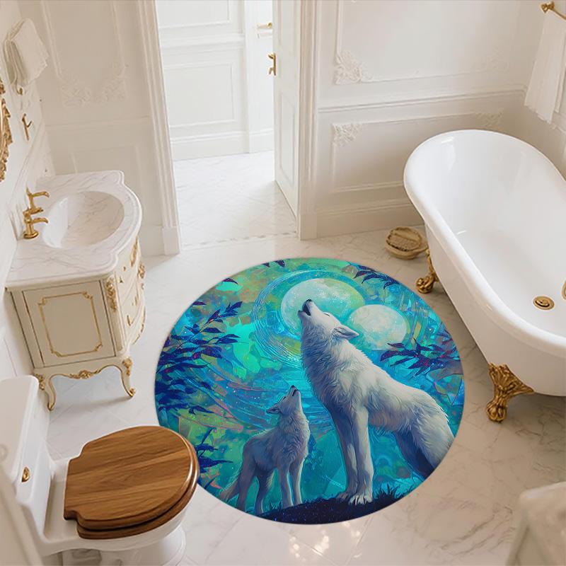 Two White Wolves,Round Area Rug,Carpet Rug for Living Room Bedroom Sofa Playroom Decor,Non-slip Floor Mat