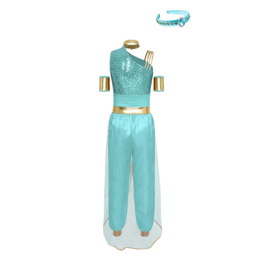 S-XXL Womens Arab Princess Cosplay Belly Dance Jumpsuit with Headwear and Detachable Sleeves Gem Decor Tulle Overlay Rompers Halloween Costume